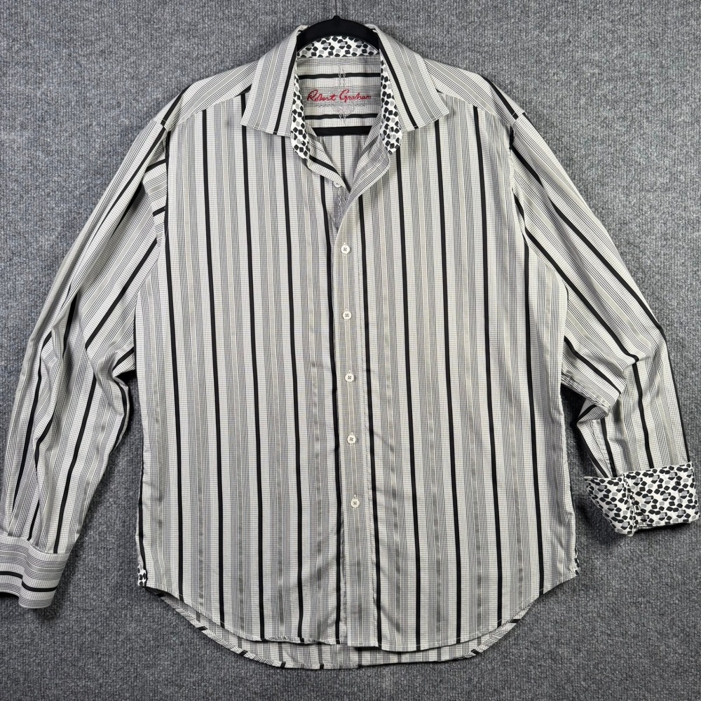 Robert Graham Button Down Shirt Mens L Large Grey Black Striped Contrast Cuff